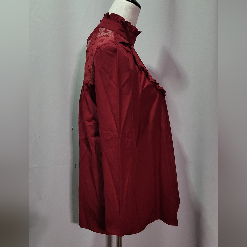 StyleDome Women's NWT Red Lacc High Neck Long Sleeve Ruffle Blouse Size Small 🐈 - Picture 7 of 11